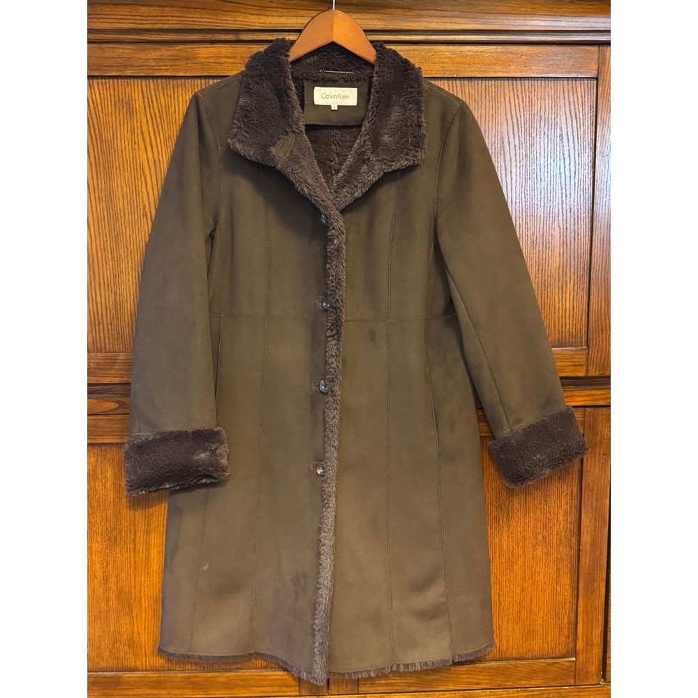 Calvin Klein Faux Suede + Fur Coat Small Brown Mob Wife Winter Chic Quiet Luxury